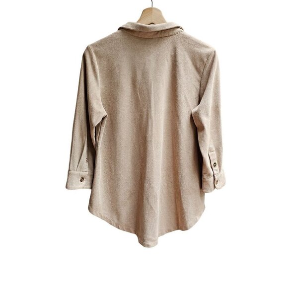 Gretchen Scott Beige Long Sleeve Faux Suede Button Down Shirt, Size L - Picture 2 of 10